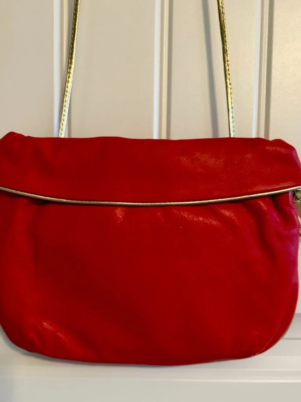 Vintage Anne Klein for Caldron Red Leather Clutch, Gold Chain Strap, Convertible